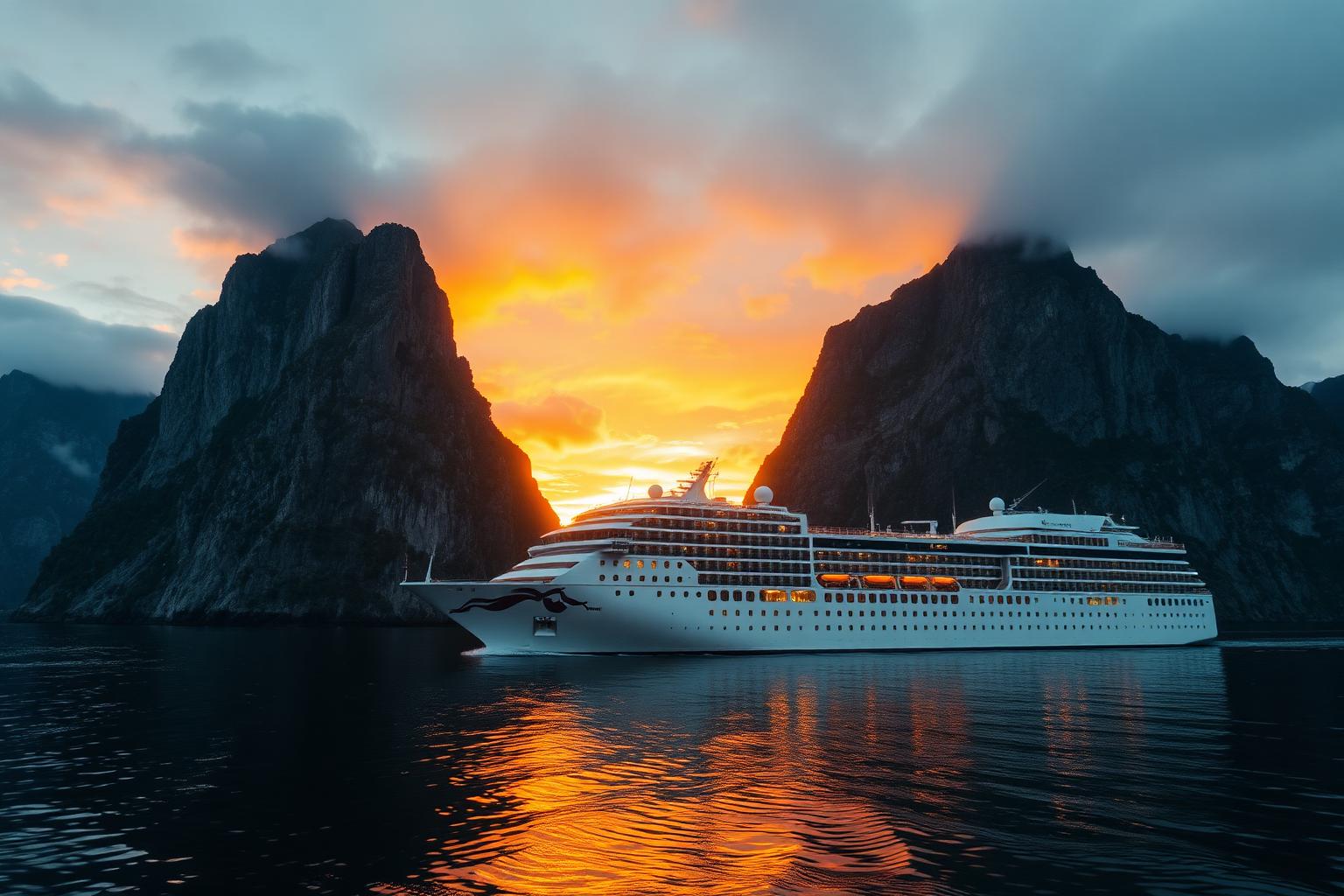 Cruise ship sailing between fjord cliffs at sunset