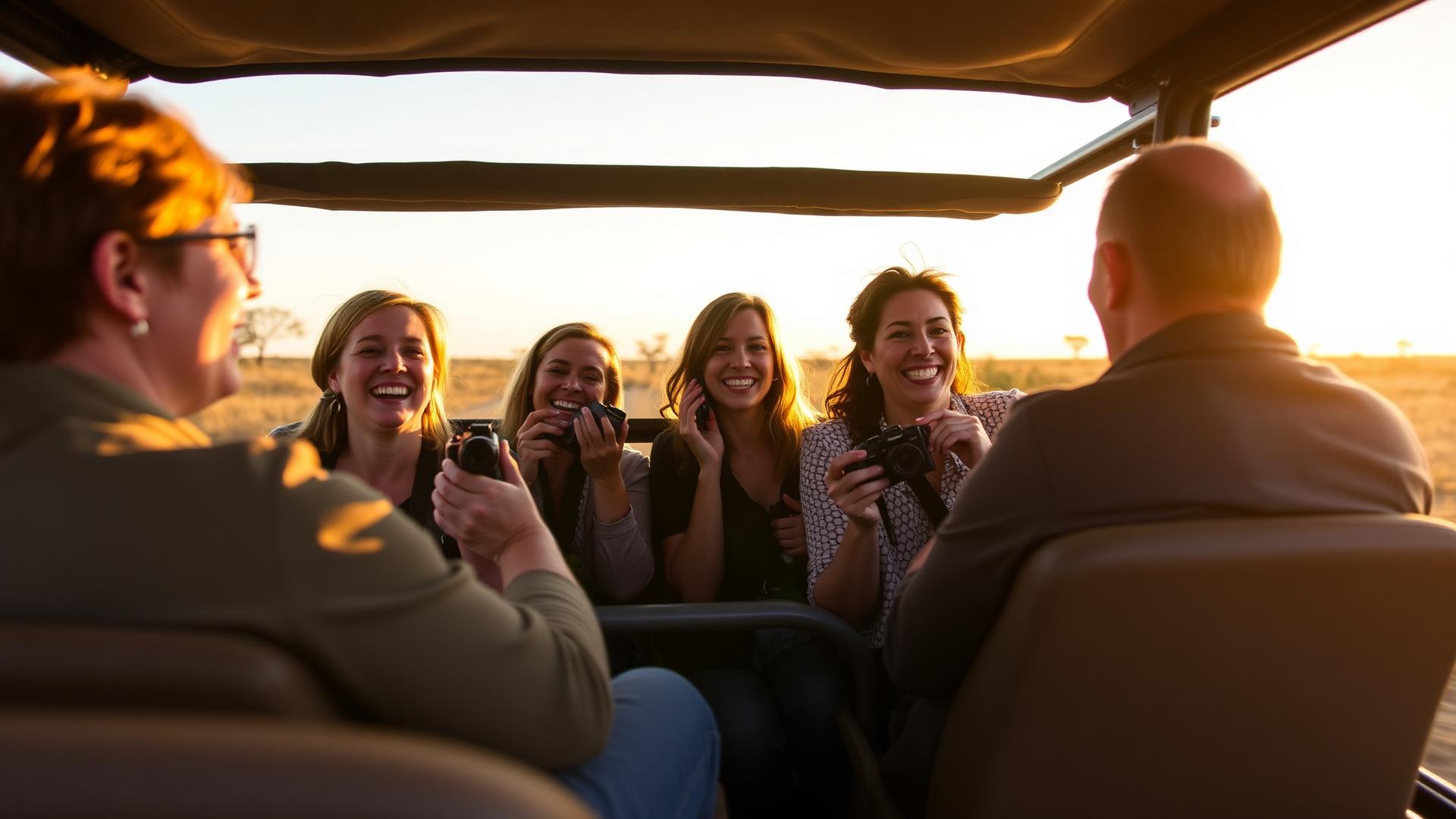 Travel agents on a Major Travel fam trip in a safari vehicle at sunset