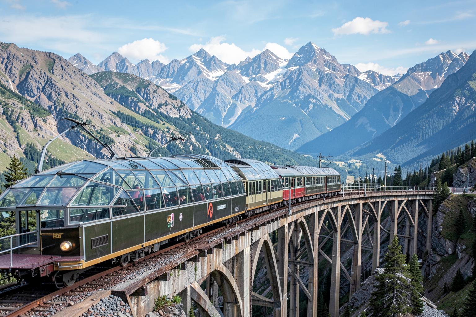Glass-domed scenic train crossing a mountain viaduct