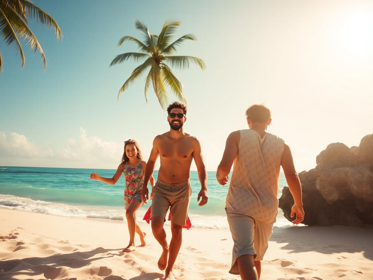 Family walking along a sunlit tropical beach