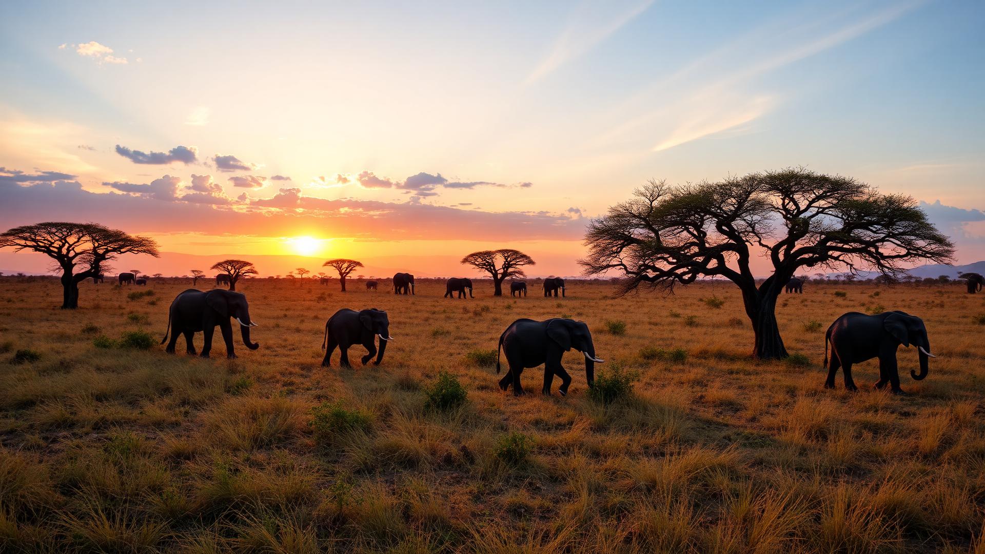 Elephants crossing the savannah at sunrise on safari