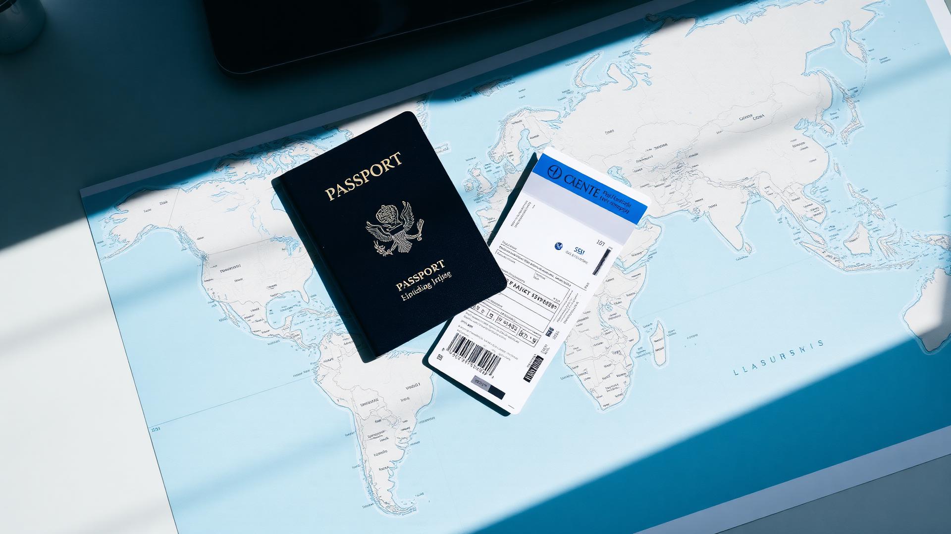 Passport, boarding pass and map laid out ready for travel