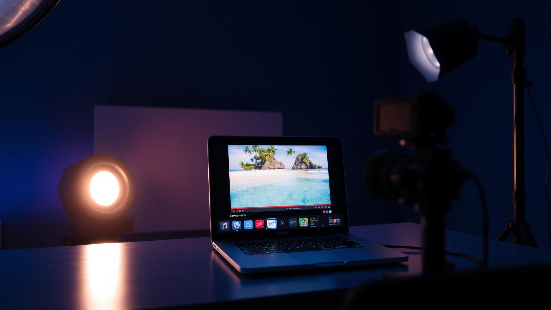Travel training video playing on a laptop in a studio
