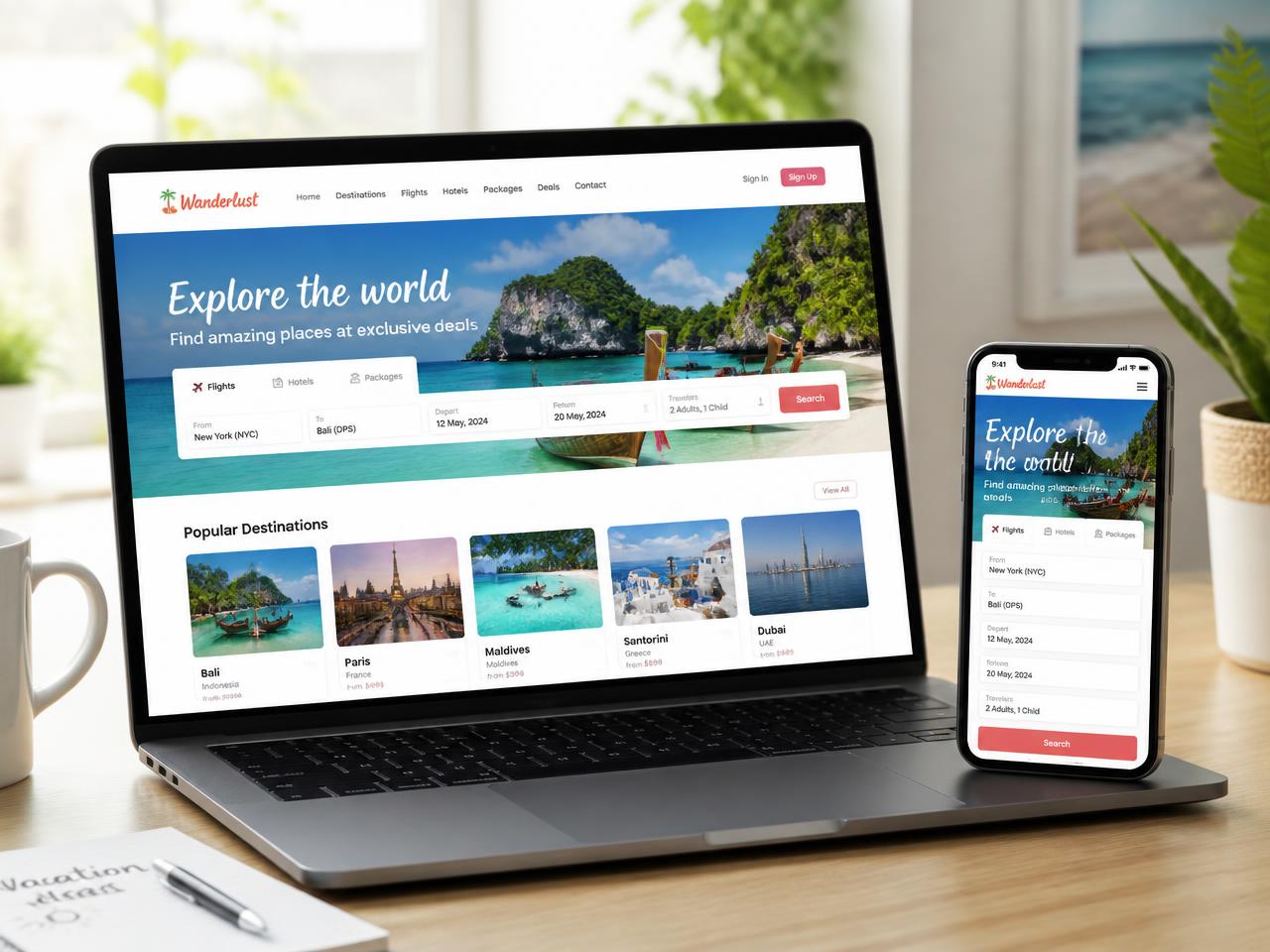 A branded white label travel booking website shown on a laptop and mobile phone